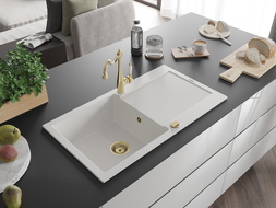 Mexen Leo granite sink 1-bowl with drainer and Carla kitchen tap, white - 6501-20-670700-50