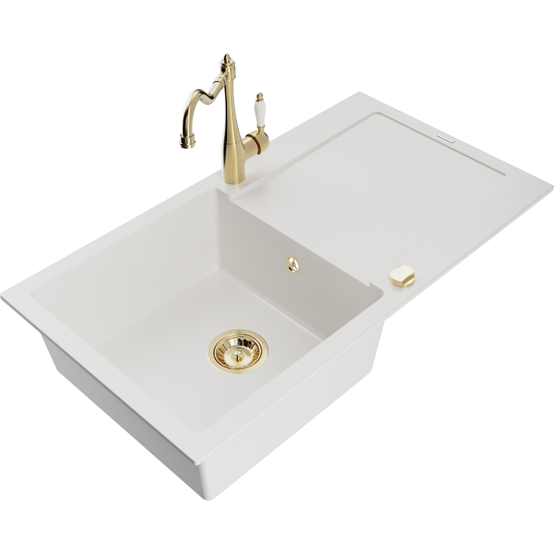 Mexen Leo granitdiskho 1-fack med avrinningsyta och köksblandare Carla, vit - 6501-20-670700-50