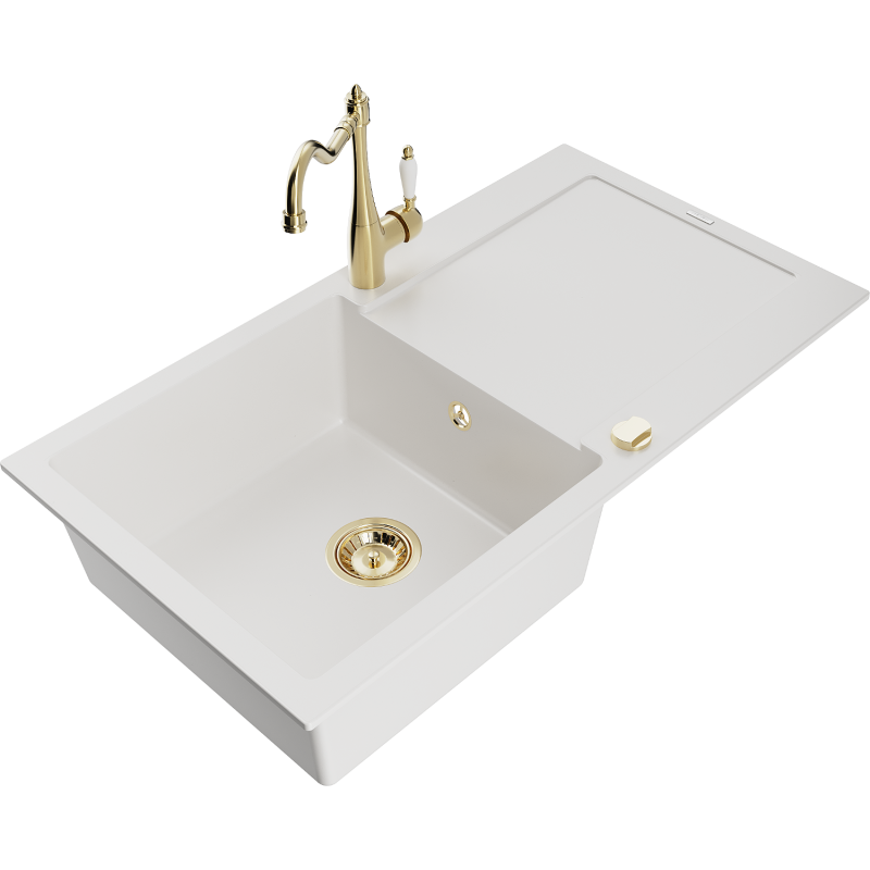 Mexen Leo granite sink 1-bowl with drainer and Carla kitchen tap, white - 6501-20-670700-50