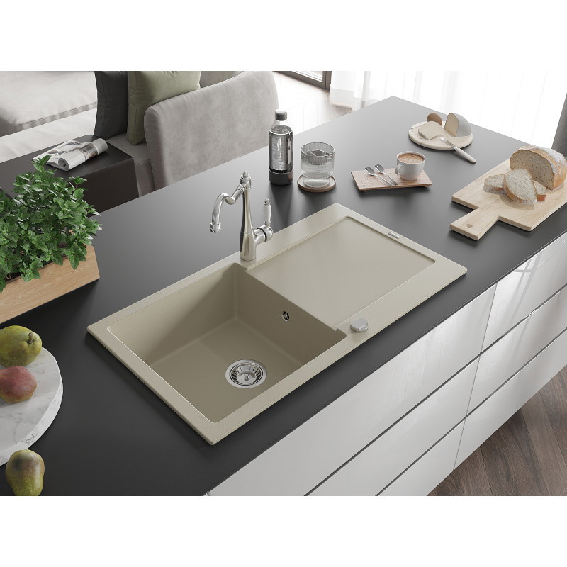 Mexen Leo lavello in granito a 1 vasca con gocciolatoio e rubinetto da cucina Carla, beige - 6501-69-670700-00