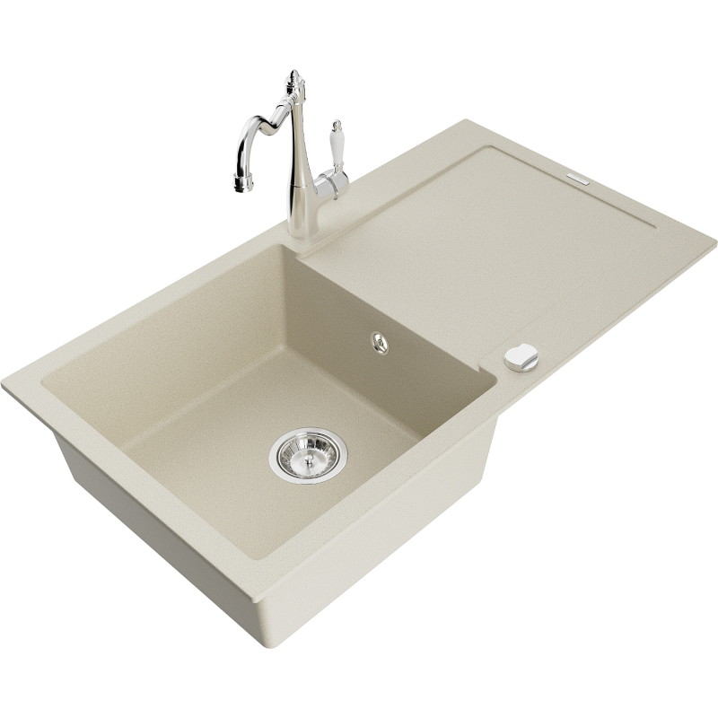 Mexen Leo granit gootsteen 1-komoors met afdruiprek en keukenkraan Carla, beige - 6501-69-670700-00