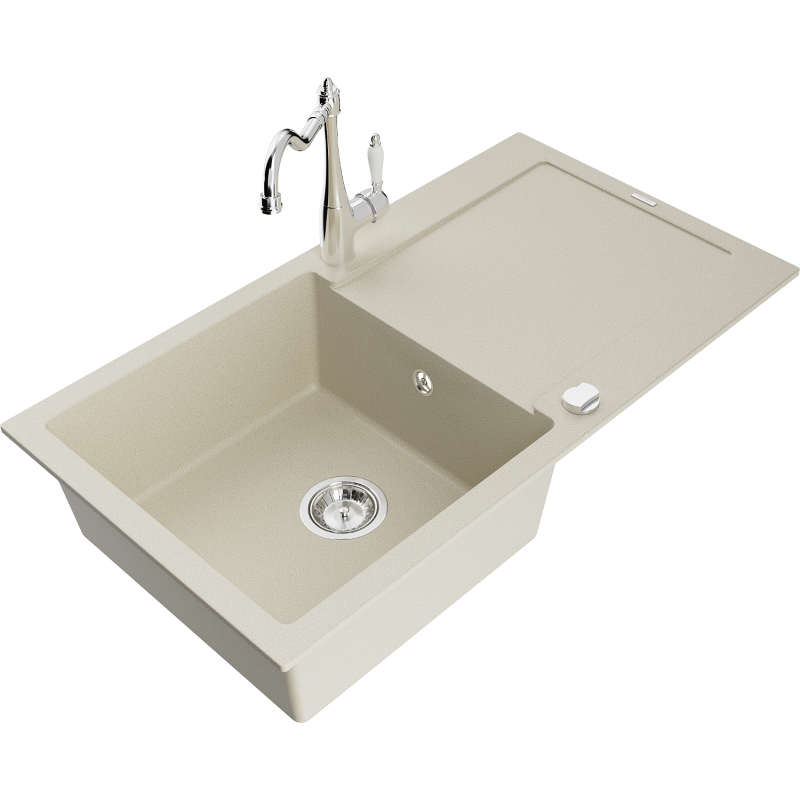 Mexen Leo lava-loiça de granito de 1 cuba com escorredor e torneira de cozinha Carla, bege - 6501-69-670700-00