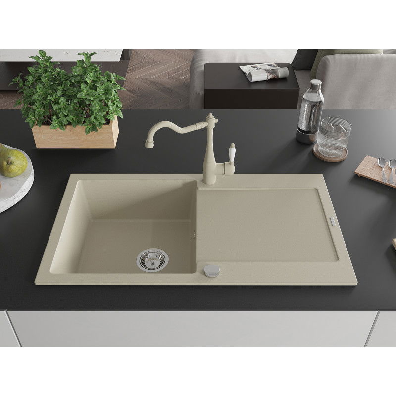 Mexen Leo 1-bowl granite sink with drainer and Carla kitchen tap, beige - 6501-69-670700-69