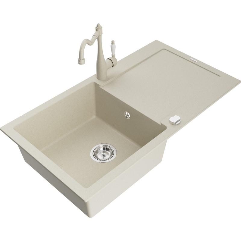 Mexen Leo Einbauspüle aus Granit, 1-Becken, mit Abtropffläche und Küchenarmatur Carla, beige - 6501-69-670700-69