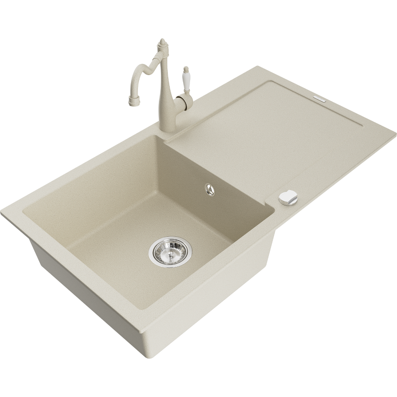 Mexen Leo lavello in granito a 1 vasca con scolapiatti e rubinetto da cucina Carla, beige - 6501-69-670700-69