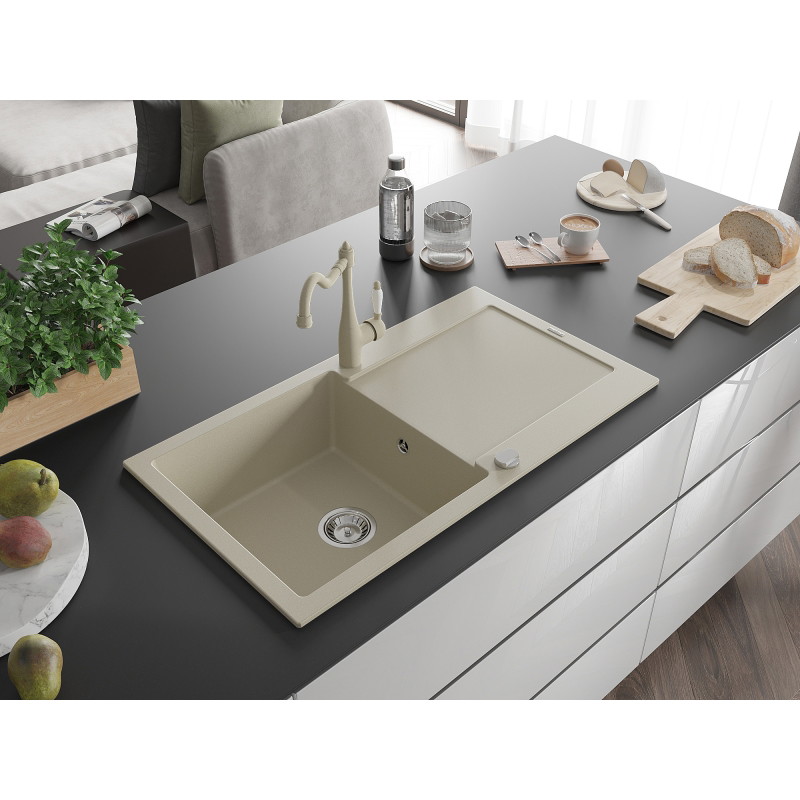 Mexen Leo Einbauspüle aus Granit, 1-Becken, mit Abtropffläche und Küchenarmatur Carla, beige - 6501-69-670700-69