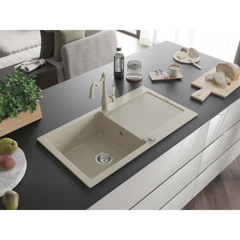 Mexen Leo fregadero de granito de 1 cubeta con escurridor y grifo de cocina Carla, beige - 6501-69-670700-69