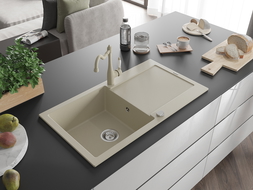 Mexen Leo fregadero de granito de 1 cubeta con escurridor y grifo de cocina Carla, beige - 6501-69-670700-69