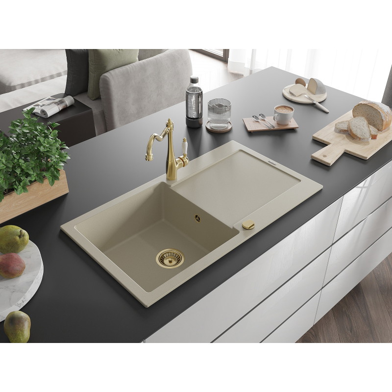 Mexen Leo 1-Bowl Granitspüle mit Abtropffläche und Küchenarmatur Carla, beige - 6501-69-670700-50