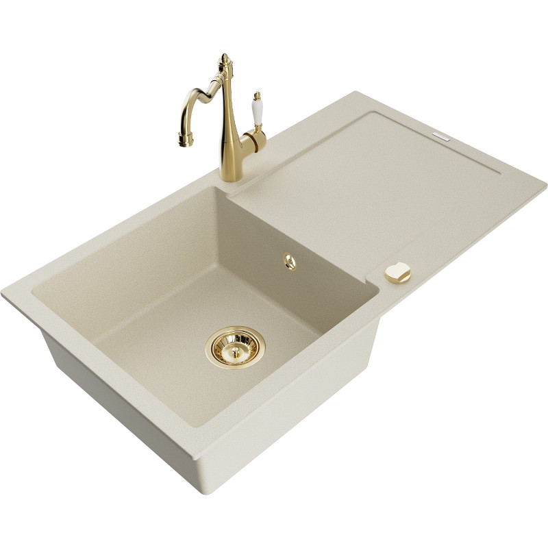 Mexen Leo fregadero de granito de 1 seno con escurridor y grifo de cocina Carla, beige - 6501-69-670700-50