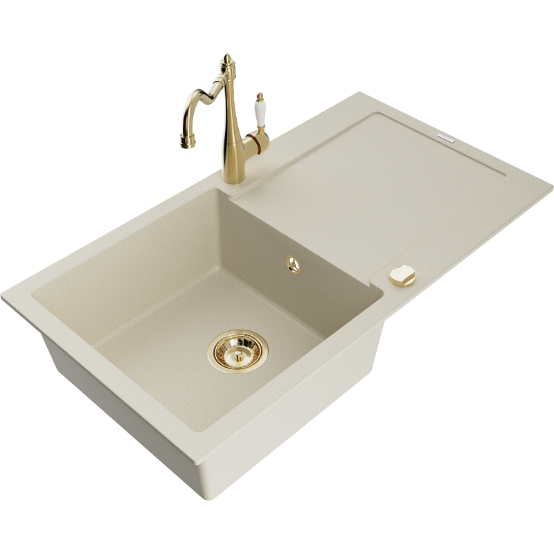 Mexen Leo Granite Sink 1-Bowl with Drainer and Carla Kitchen Tap, Beige - 6501-69-670700-50