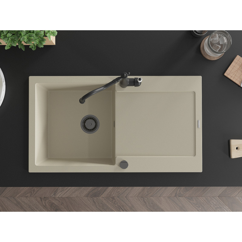 Mexen Leo Einzelbecken Granitspüle mit Abtropffläche und Küchenarmatur Carla, beige - 6501-69-670700-70