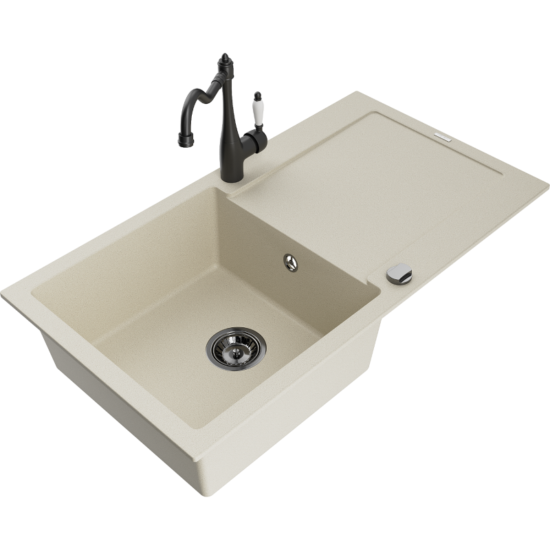 Mexen Leo Einzelbecken Granitspüle mit Abtropffläche und Küchenarmatur Carla, beige - 6501-69-670700-70