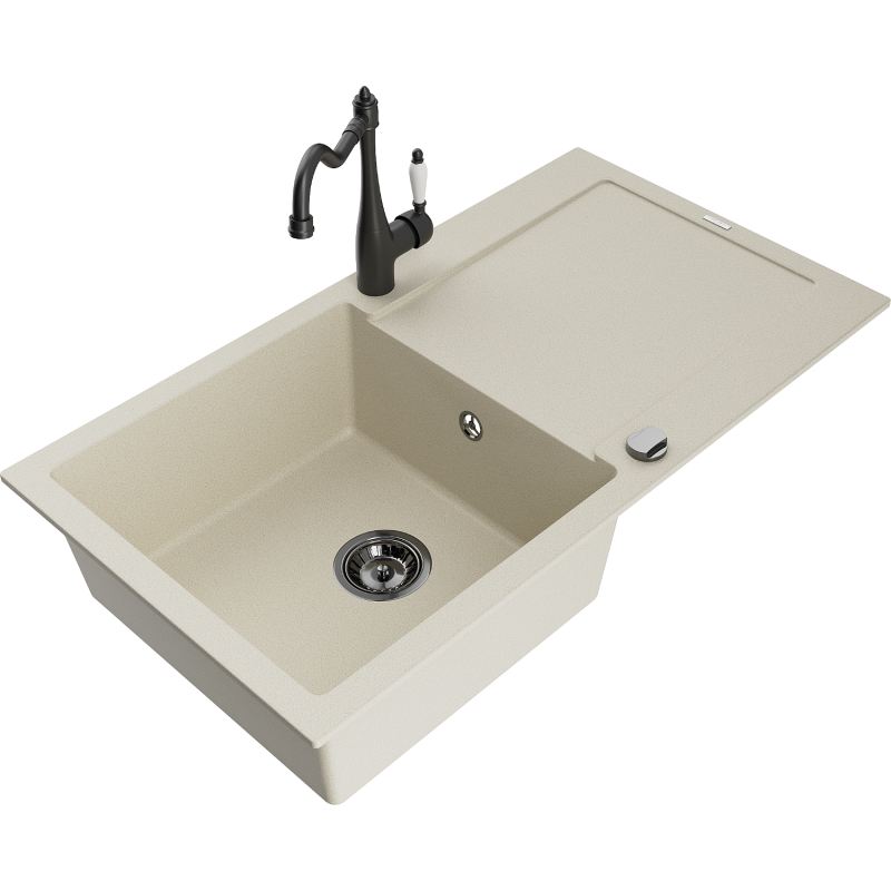 Mexen Leo évier en granit 1 bac avec égouttoir et robinet de cuisine Carla, beige - 6501-69-670700-70