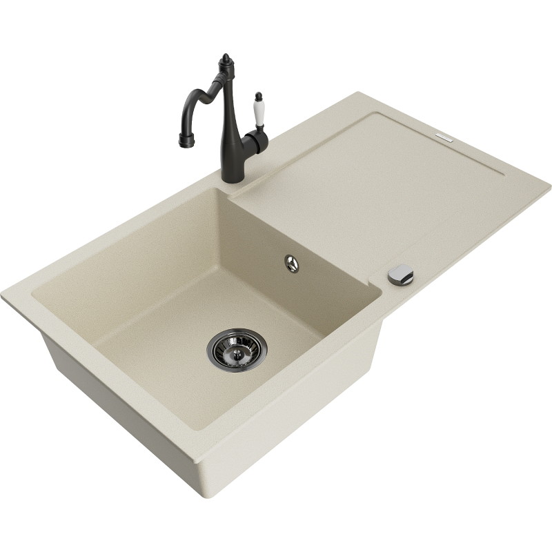 Mexen Leo fregadero de cocina de granito de 1 cubeta con escurridor y grifo Carla, beige - 6501-69-670700-70