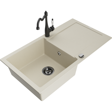 Mexen Leo Einzelbecken Granitspüle mit Abtropffläche und Küchenarmatur Carla, beige - 6501-69-670700-70