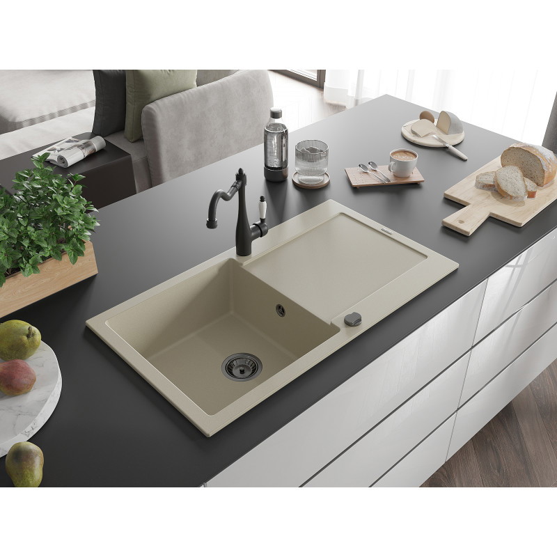 Mexen Leo Einzelbecken Granitspüle mit Abtropffläche und Küchenarmatur Carla, beige - 6501-69-670700-70