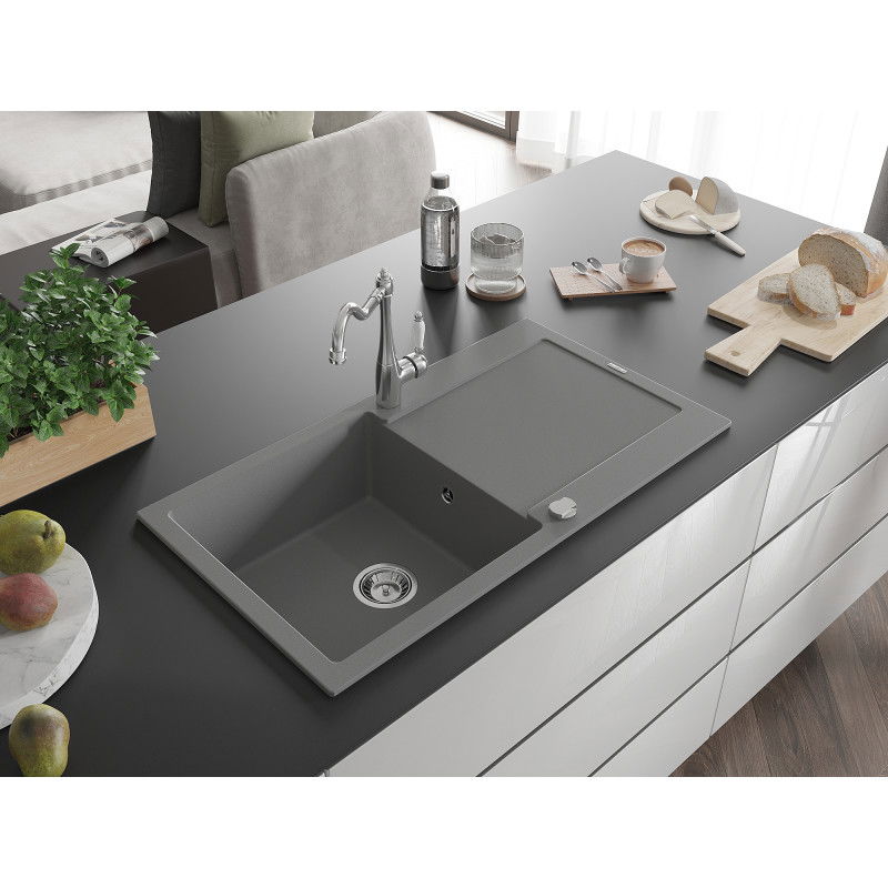 Mexen Leo 1-bowl granite kitchen sink with drainer and Carla tap, grey - 6501-71-670700-00