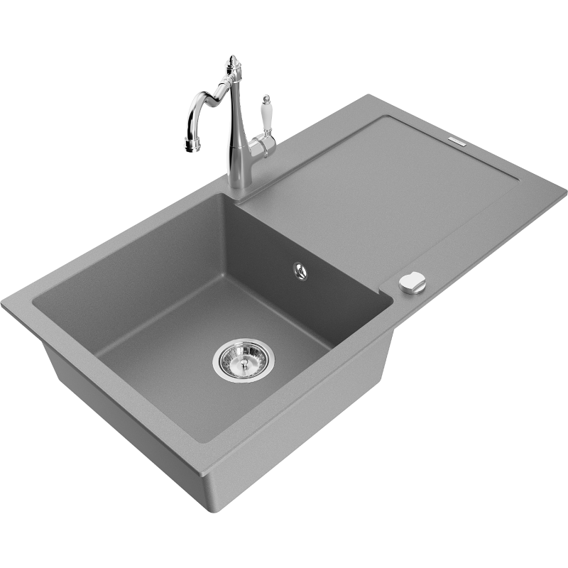 Mexen Leo 1-bowl granite kitchen sink with drainer and Carla tap, grey - 6501-71-670700-00