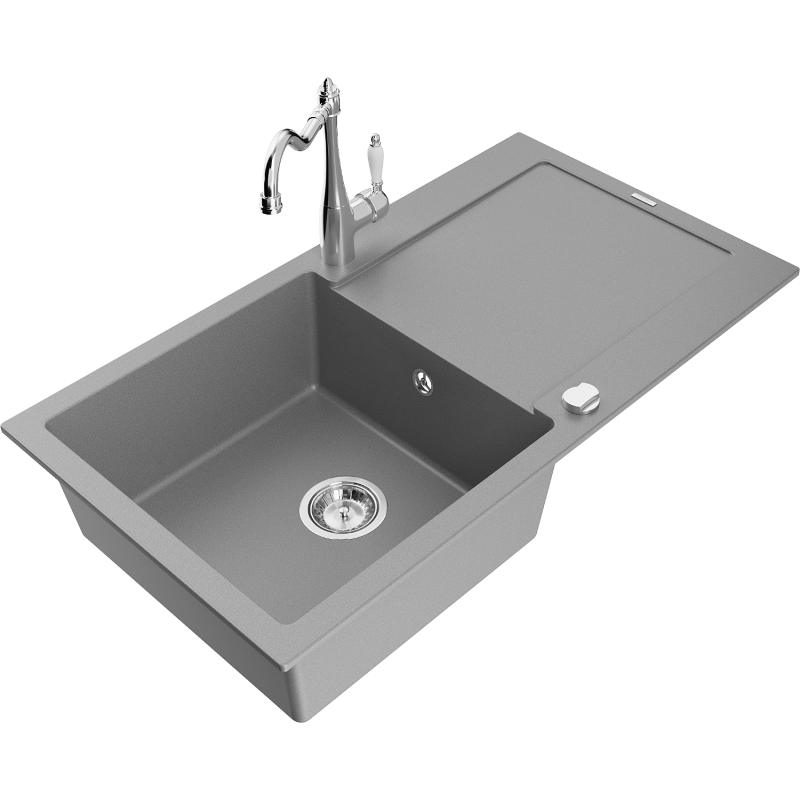 Mexen Leo lava-louça de granito de 1 bacia com escorredor e torneira de cozinha Carla, cinzento - 6501-71-670700-00