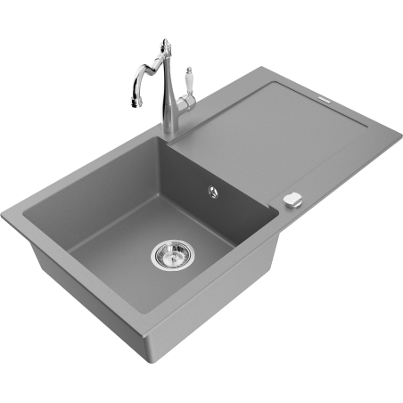 Mexen Leo 1-bowl granite kitchen sink with drainer and Carla tap, grey - 6501-71-670700-00