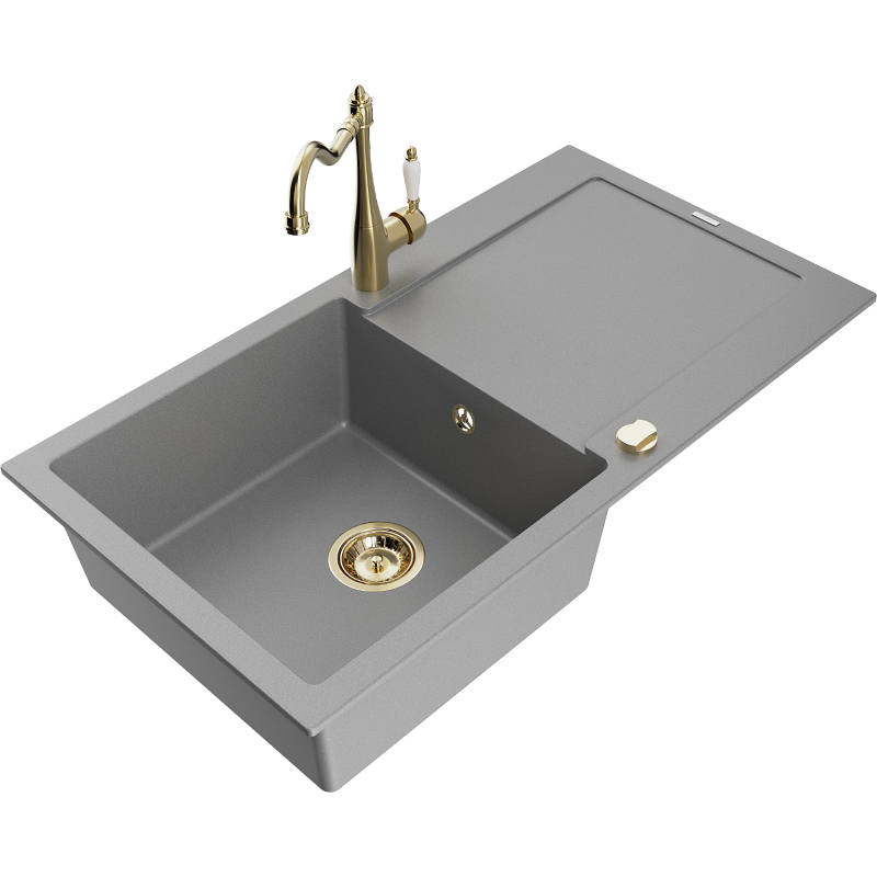 Mexen Leo granieten gootsteen 1-komorige met afdruiprek en keukenmengkraan Carla, grijs - 6501-71-670700-50