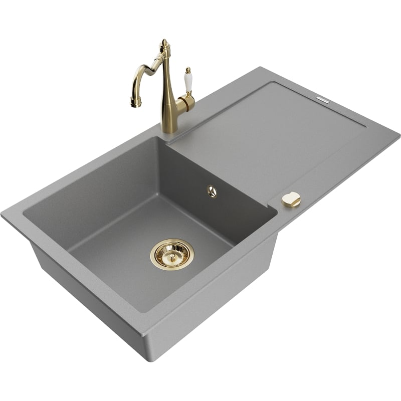 Mexen Leo granite kitchen sink with 1 bowl, drainer, and Carla kitchen faucet, gray - 6501-71-670700-50