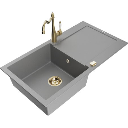 Mexen Leo granite kitchen sink with 1 bowl, drainer, and Carla kitchen faucet, gray - 6501-71-670700-50