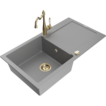 Mexen Leo granite sink 1-bowl with drainer and Carla kitchen tap, grey - 6501-71-670700-50