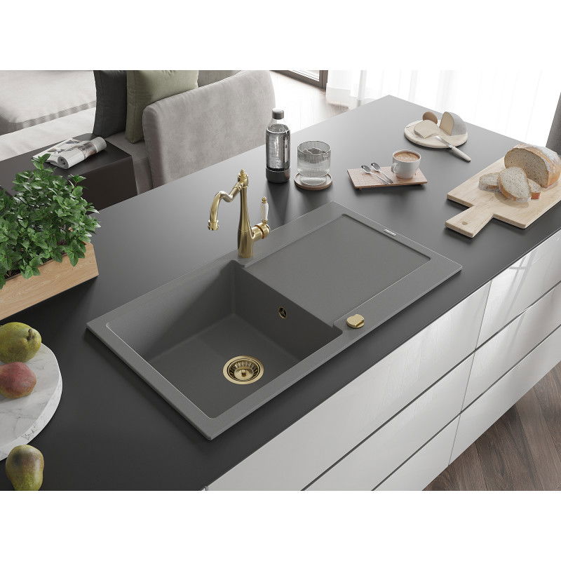 Mexen Leo granite sink 1-bowl with drainer and Carla kitchen tap, grey - 6501-71-670700-50