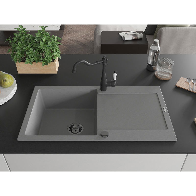 Mexen Leo granite sink 1-bowl with drainer and Carla kitchen tap, grey - 6501-71-670700-70-B