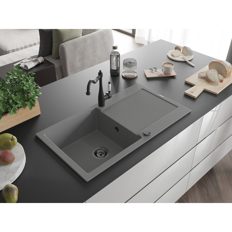 Mexen Leo fregadero de granito de 1 seno con escurridor y grifo de cocina Carla, gris - 6501-71-670700-70-B