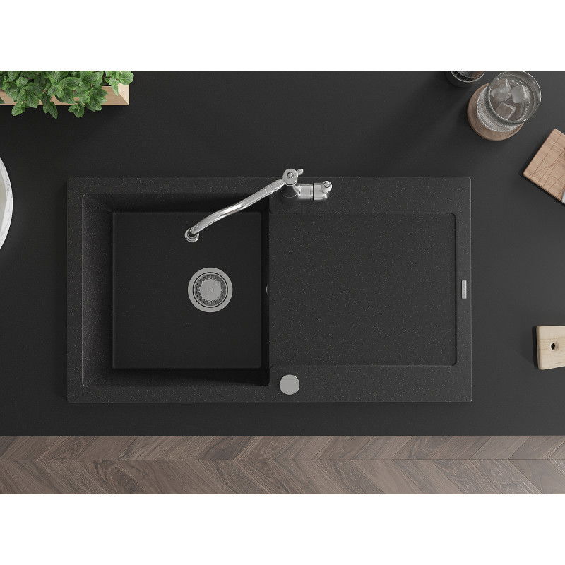 Mexen Leo Granitspüle 1-beckig mit Abtropffläche und Küchenarmatur Carla, schwarz/silber metallic - 6501-73-670700-00