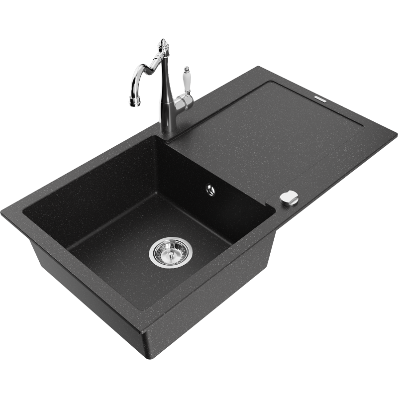 Mexen Leo évier en granit à 1 bac avec égouttoir et robinet de cuisine Carla, noir/métallique argenté - 6501-73-670700-00