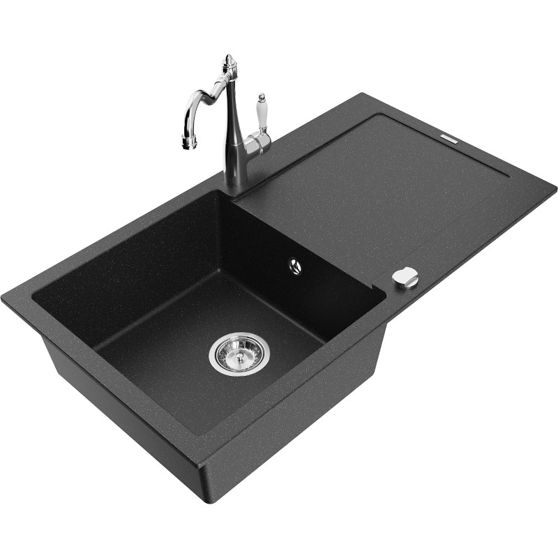 Mexen Leo granieten spoelbak met 1 bak met afdruiprek en keukenkraan Carla, zwart/zilver metallic - 6501-73-670700-00