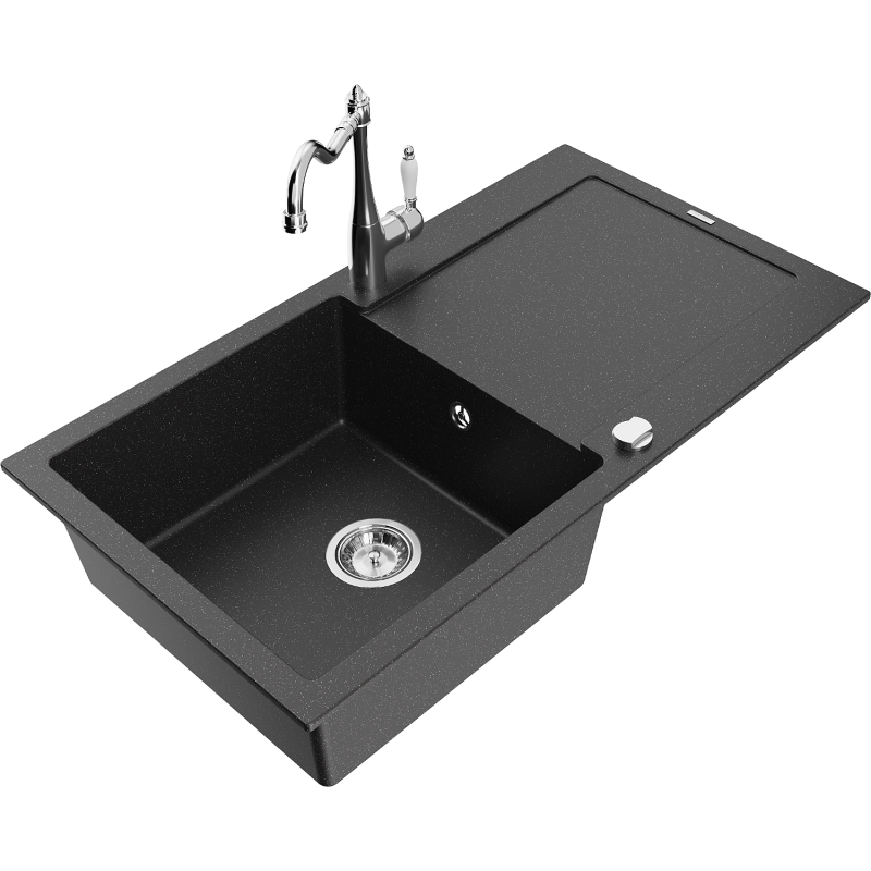 Mexen Leo granite sink 1-bowl with drainer and Carla kitchen tap, black/silver metallic - 6501-73-670700-00