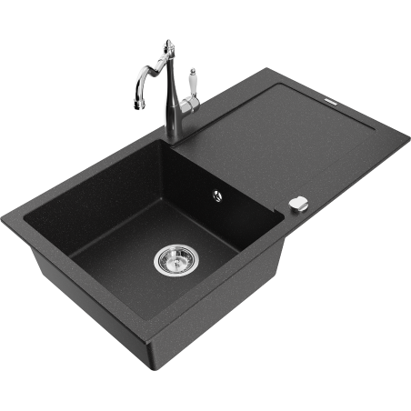 Mexen Leo granite sink 1-bowl with drainer and Carla kitchen tap, black/silver metallic - 6501-73-670700-00