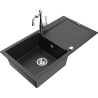 Mexen Leo granite sink 1-bowl with drainer and Carla kitchen tap, black/silver metallic - 6501-73-670700-00