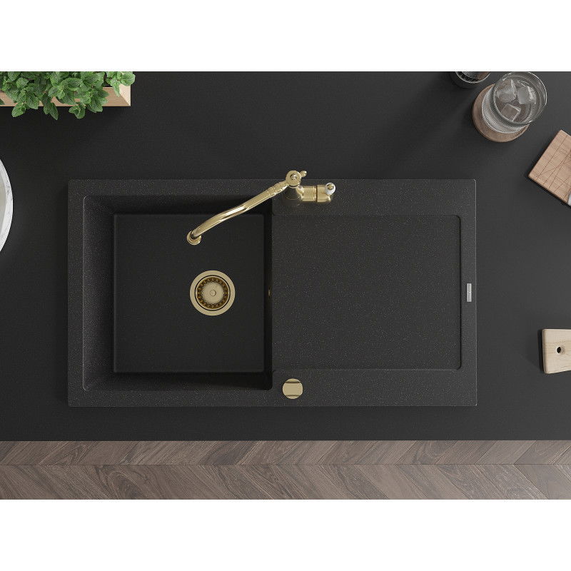 Mexen Leo granit diskbänk med en skål och avrinningsområde och köksblandare Carla, svart/silver metallic - 6501-73-670700-50