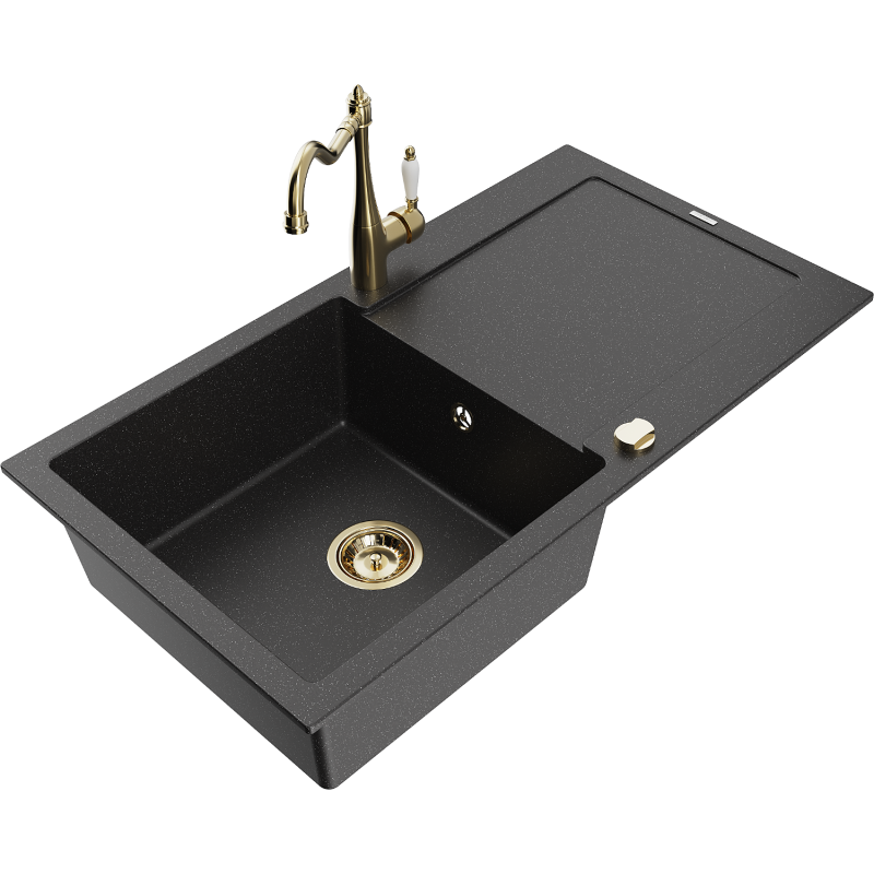 Mexen Leo fregadero de granito 1-cámara con escurridor y grifo de cocina Carla, negro/plateado metálico - 6501-73-670700-50