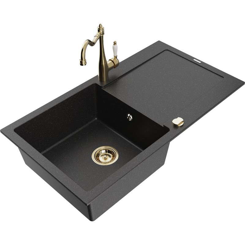 Mexen Leo Granitspüle 1-beckig mit Abtropffläche und Küchenarmatur Carla, schwarz/silber metallic - 6501-73-670700-50