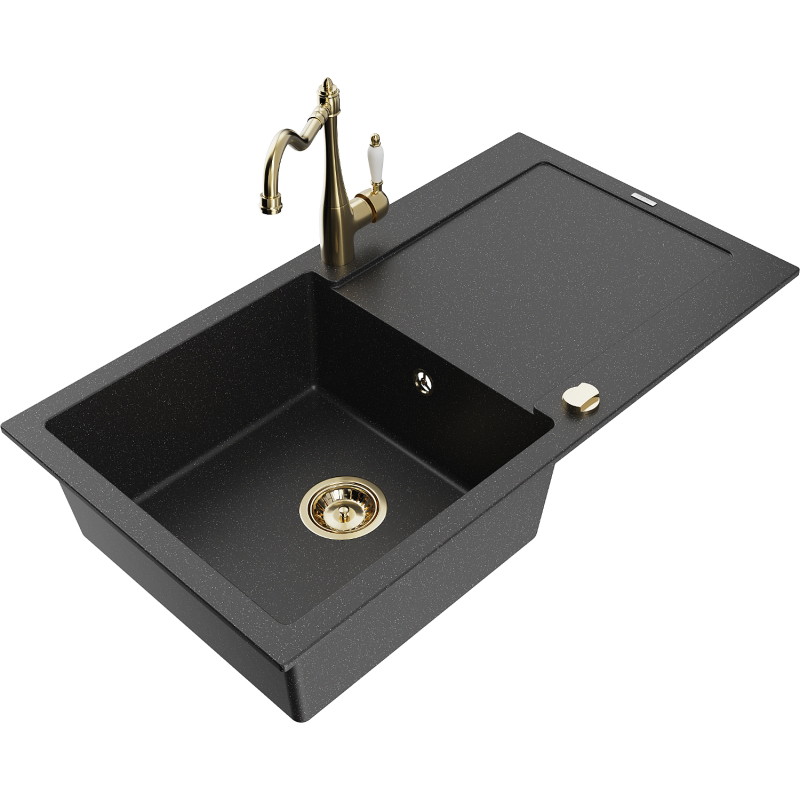 Mexen Leo Granitspüle 1-Kammer mit Abtropffläche und Küchenarmatur Carla, schwarz/silber metallic - 6501-73-670700-50