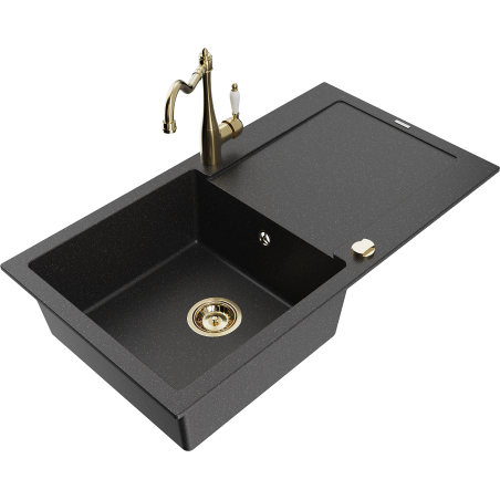 Mexen Leo granite sink 1-bowl with drainer and Carla kitchen tap, black/silver metallic - 6501-73-670700-50