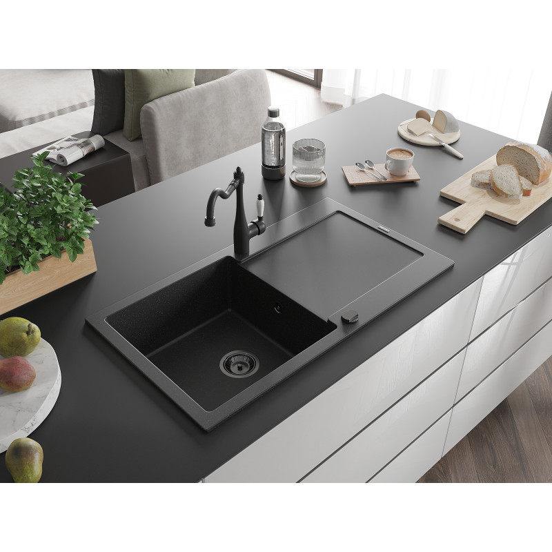 Mexen Leo Granitspüle 1-beckig mit Abtropffläche und Küchenarmatur Carla, schwarz/silber metallic - 6501-73-670700-70-B