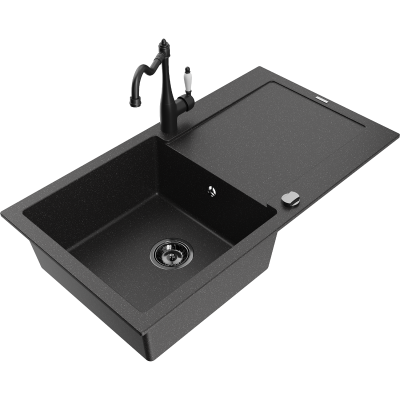 Mexen Leo fregadero de granito de 1 cubeta con escurridor y grifo de cocina Carla, negro/metalizado plateado