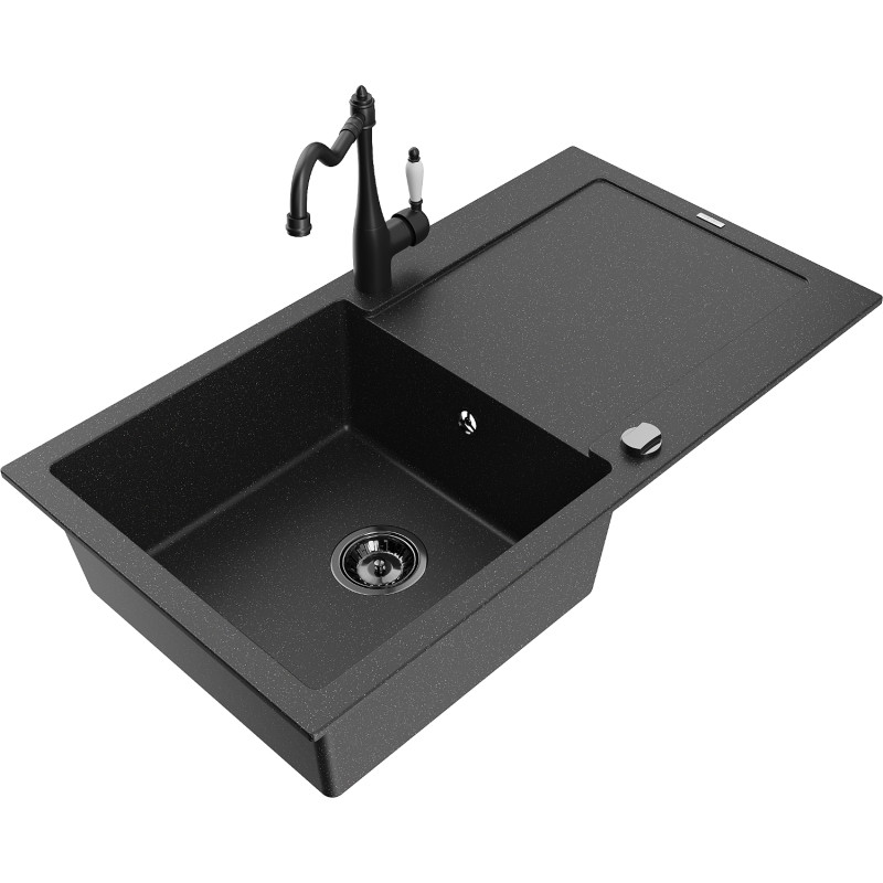 Mexen Leo granit gootsteen 1-kamer met afdruiprek en keukenkraan Carla, zwart/zilver metallic - 6501-73-670700-70-B