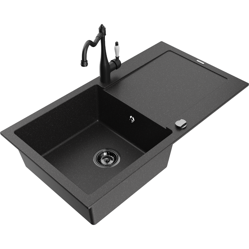 Mexen Leo granite sink 1-bowl with drainer and Carla kitchen tap, black/silver metallic - 6501-73-670700-70-B