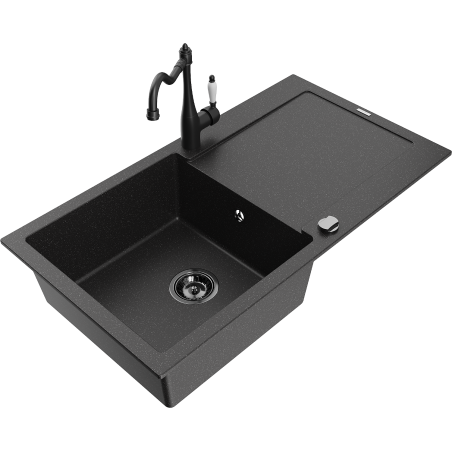 Mexen Leo Granitspüle mit 1 Becken, Abtropffläche und Küchenarmatur Carla, schwarz/silber metallic - 6501-73-670700-70-B