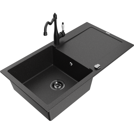 Mexen Leo lavello in granito a 1 vasca con sgocciolatoio e rubinetto da cucina Carla, nero/argento metallizzato