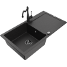 Mexen Leo granite sink 1-bowl with drainer and Carla kitchen tap, black/silver metallic - 6501-73-670700-70-B